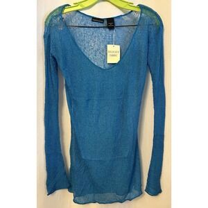 Moda Womens M Blue Long Sleeve Pullover Open Knit Sweater/Swimsuit Cover Up NWT